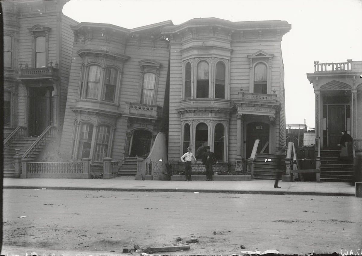 houses tilted from earthquake