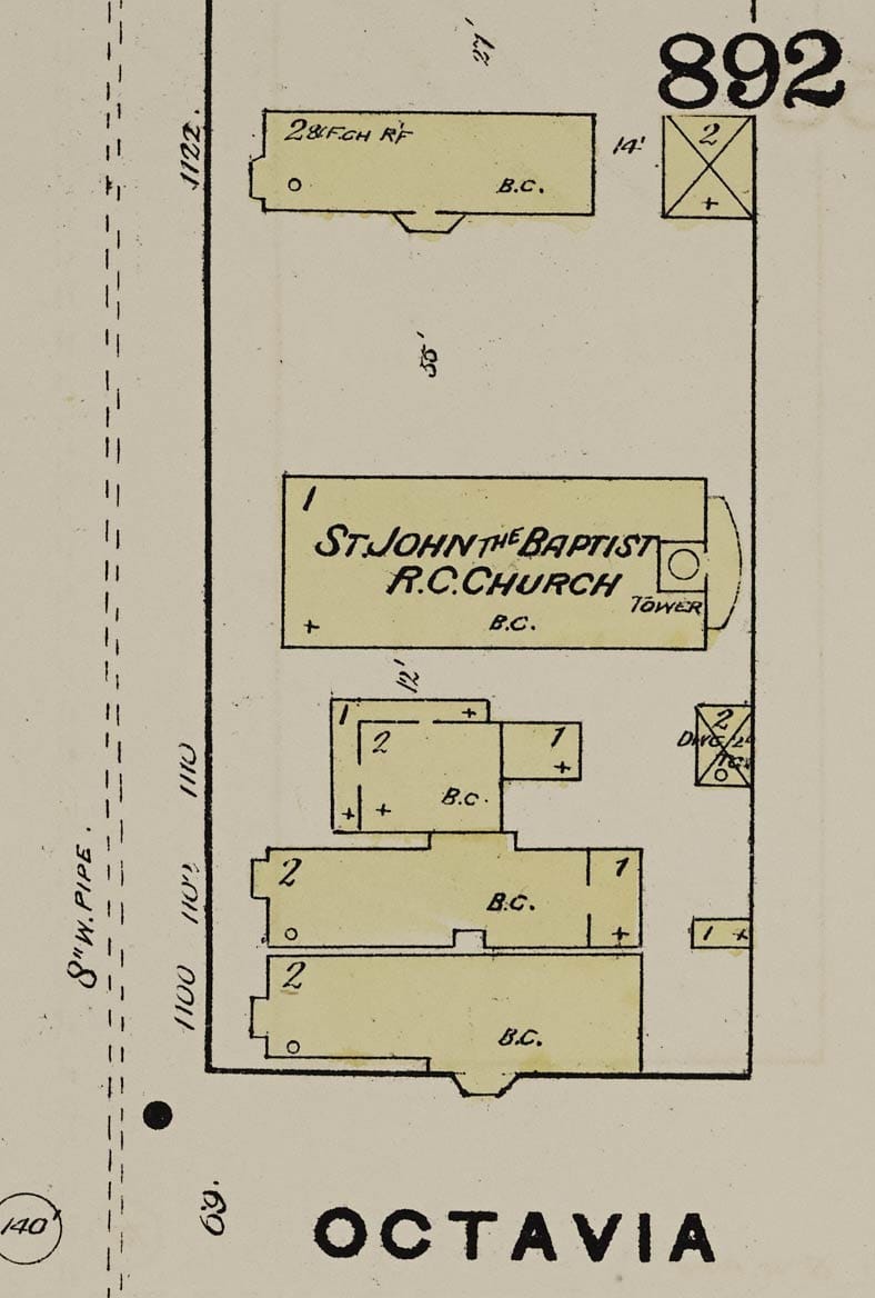 map showing church building on Eddy Street in 1886