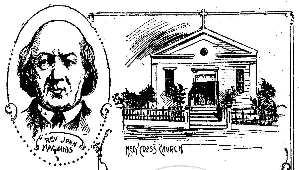 sketch of priest and Holy Cross church