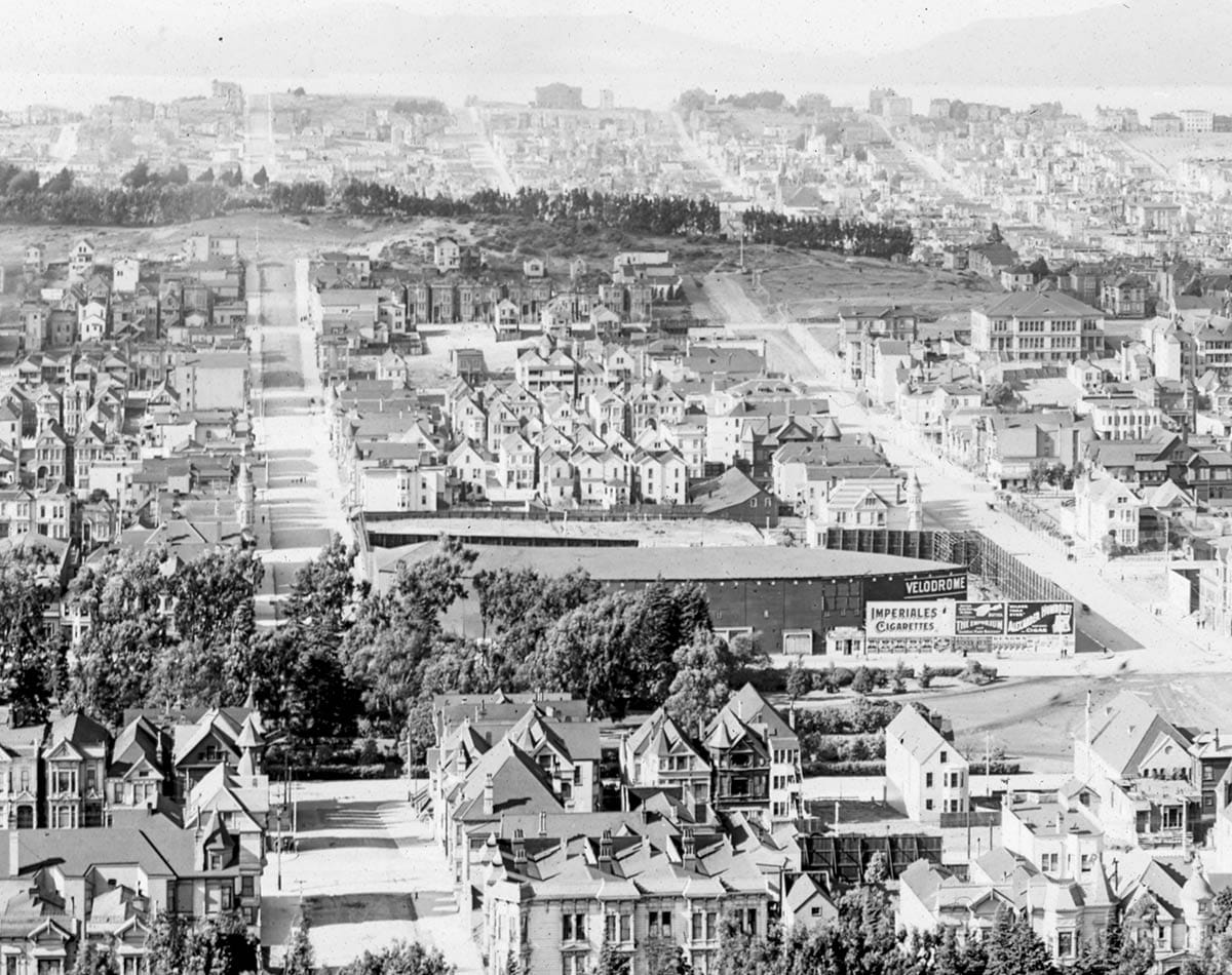 View of Golden Gate Park panhandle and velodrome