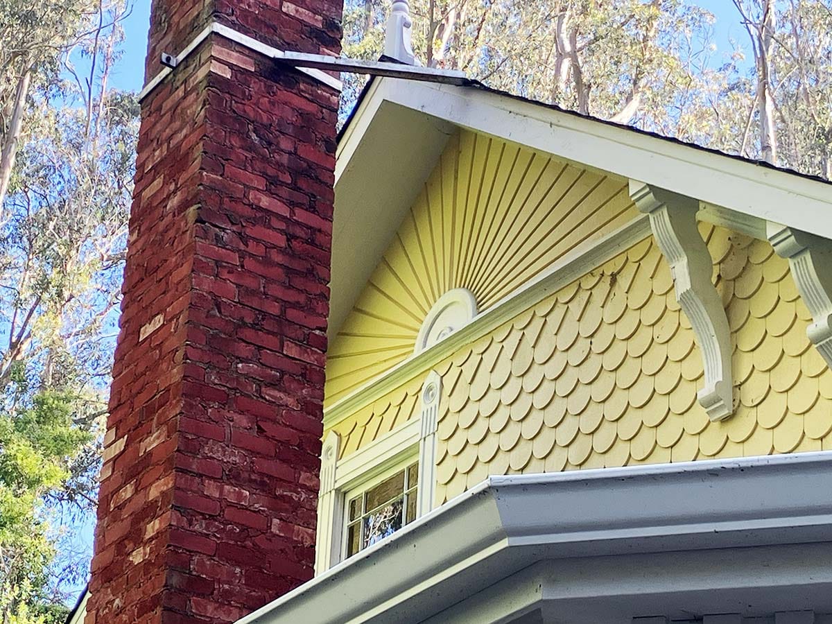 Shingled gable and chimney of Trocadero Inn